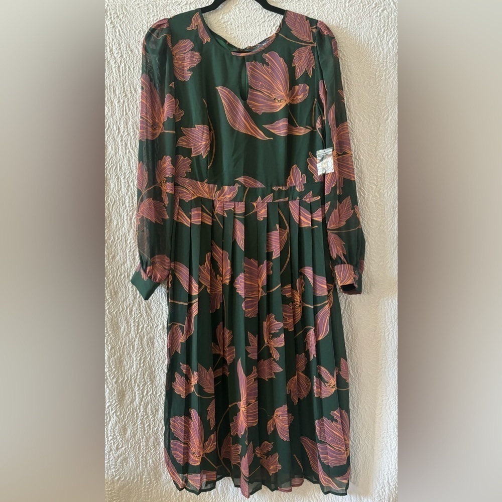 Modcloth Floral Keen on Pleats Long Sleeve Chiffon Fit & Flare Midi Dress NWOT - Picture 3 of 12